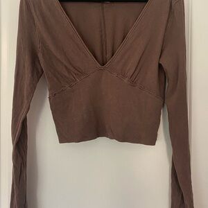 We The Free Brown Long Sleeve Fitted Crop Blouse